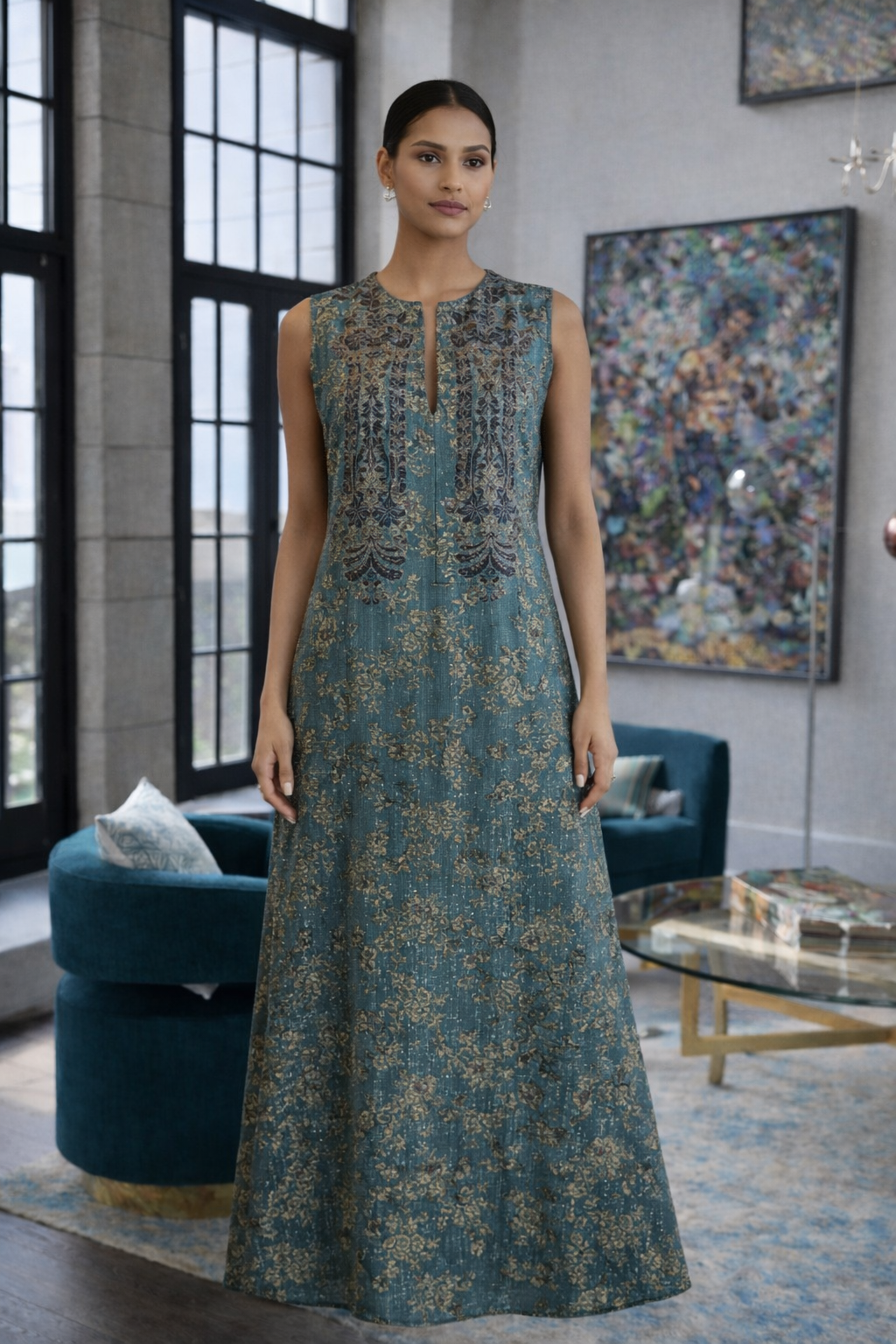 Teal Embroidered Brocade Sleeveless Maxi Dress
