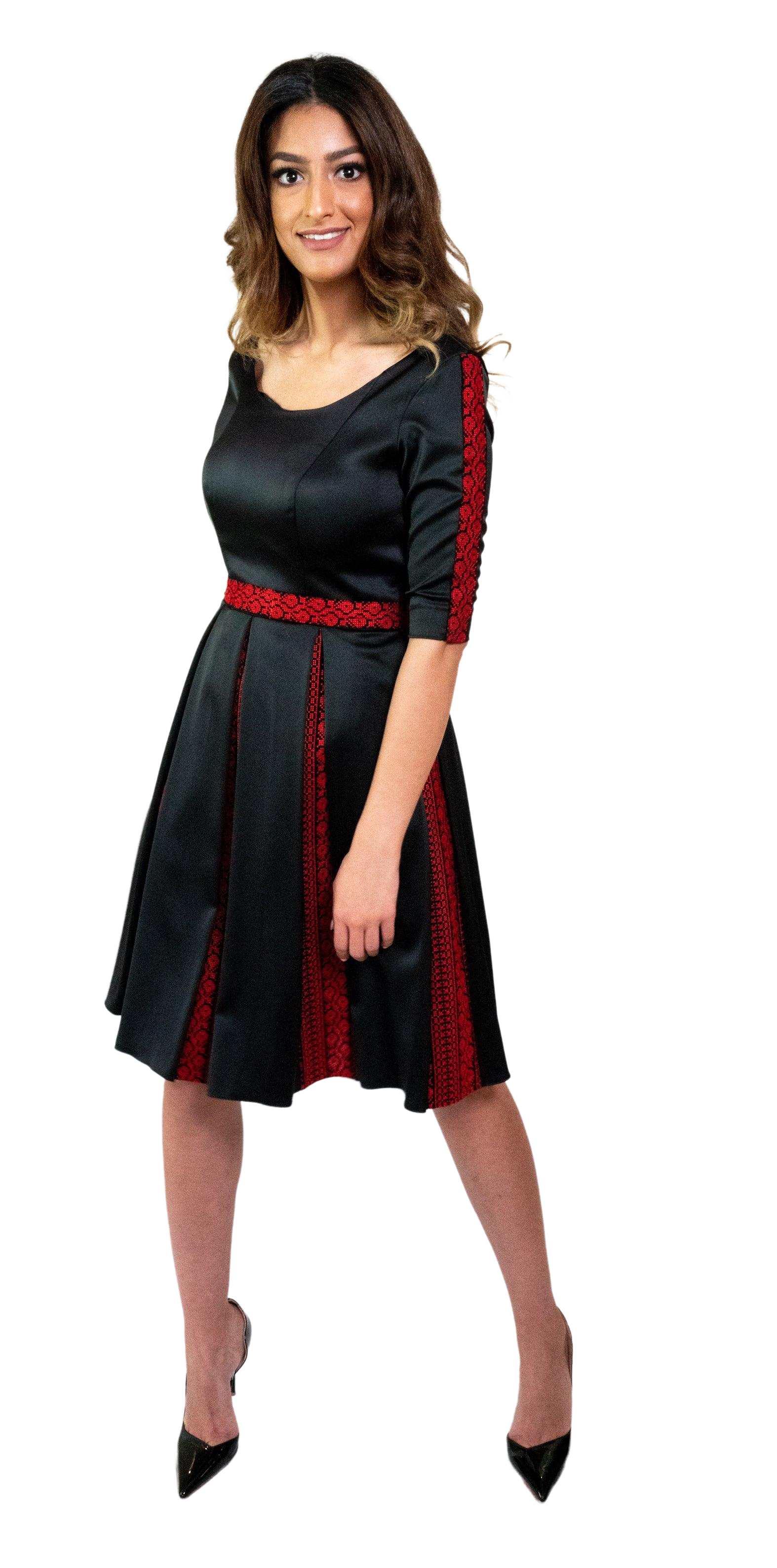 Chic Sophistication: Inverted Pleat Black Dress with Embroidered Waistband Black with Red Embroidery Chic Sophistication: Inverted Pleat Black Dress with Embroidered Waistband Black with Red Embroidery