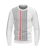 Unisex white knitted sweater featuring intricate black and red embroidered patterns. Available in sizes XS-XL for timeless style and warmth.