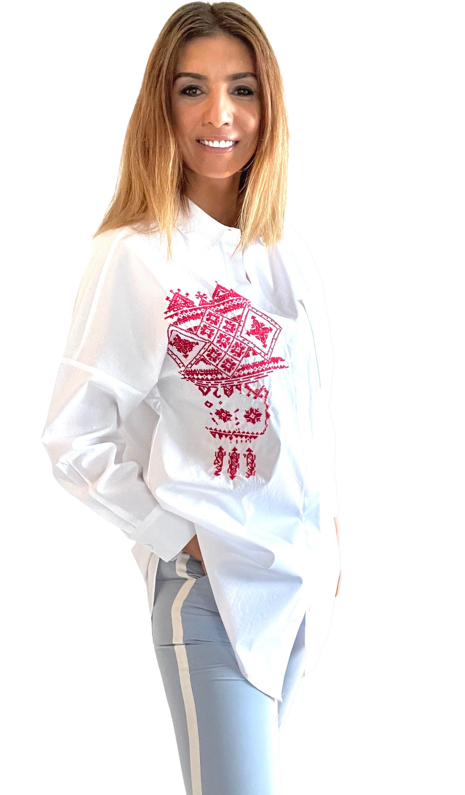 21-02 White Shirt with red or black embroidery - HAMA Fashion