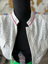 114-23 Bold Harmony: Colorful Embroidered Zip-Up Shoulder Pads Crop Blouse