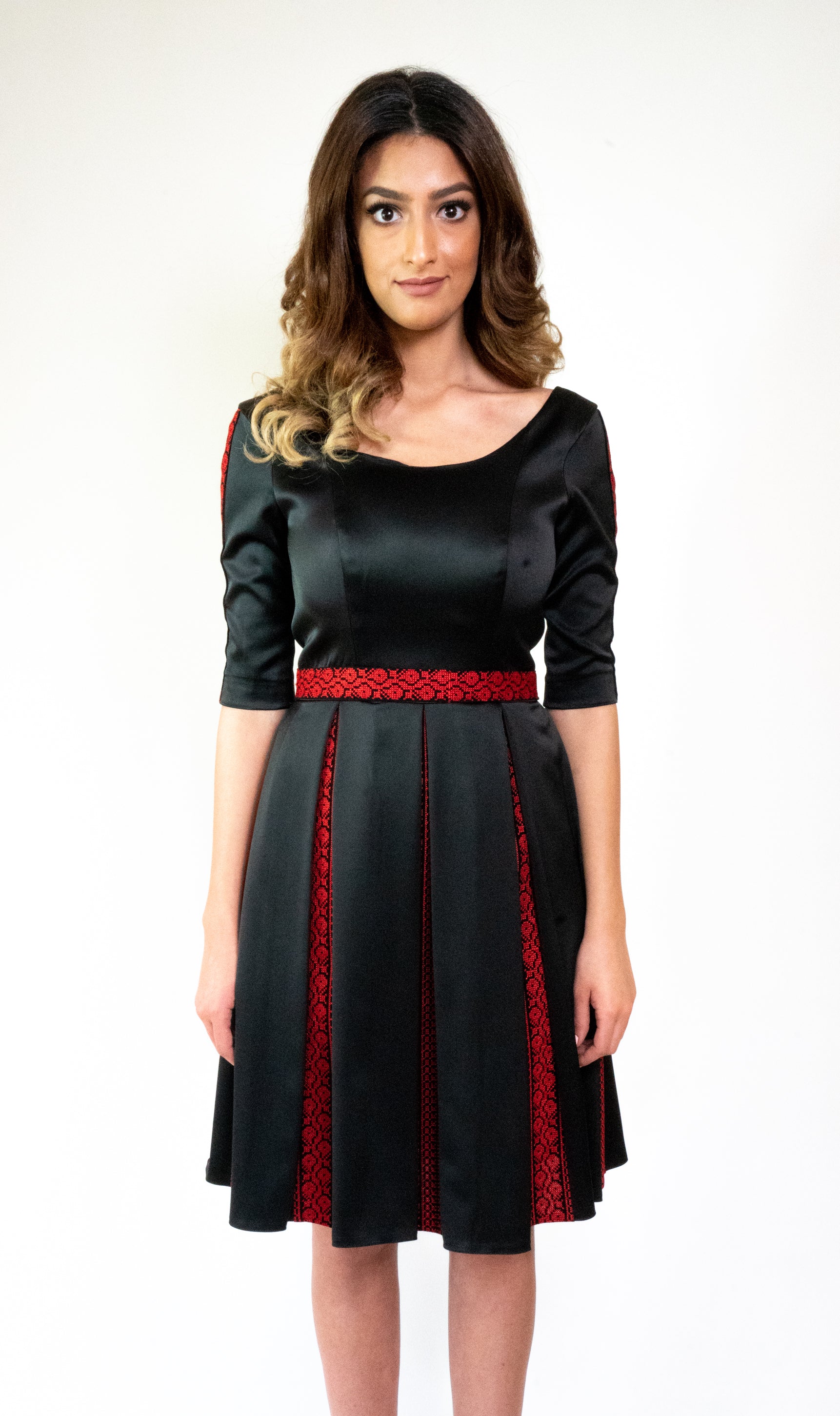 Chic Sophistication: Inverted Pleat Black Dress with Embroidered Waistband Black with Red Embroidery