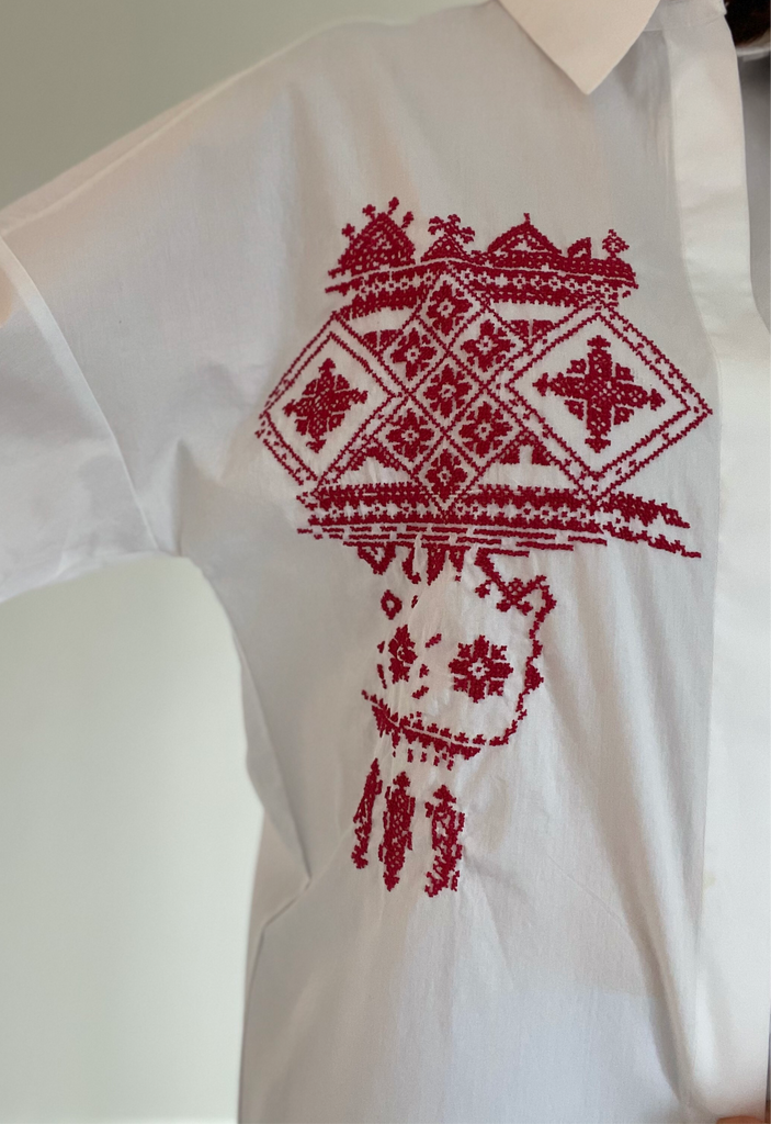 21-02 White Shirt with red or black embroidery